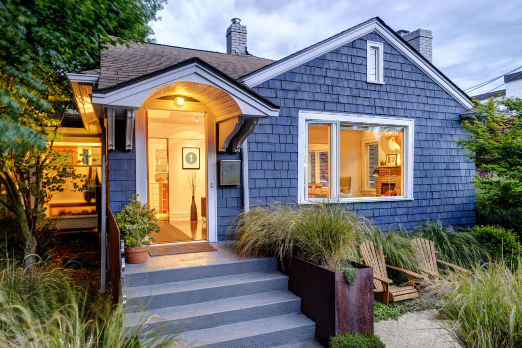 Seattle, Washington, USA,USA,Illuminated front stoop and of blue house